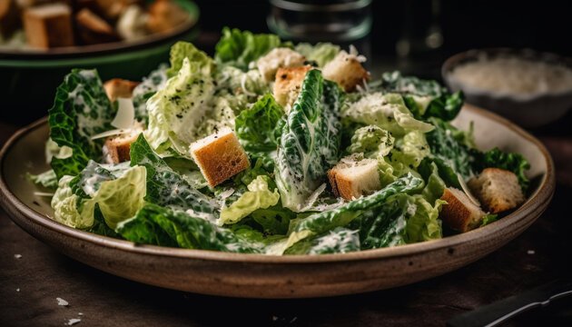 A gourmet Caesar salad, made with organic ingredients and croutons generated by AI