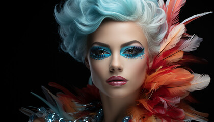 Fototapeta premium Fashion model exudes elegance and sensuality with glamorous feather accessory generated by AI