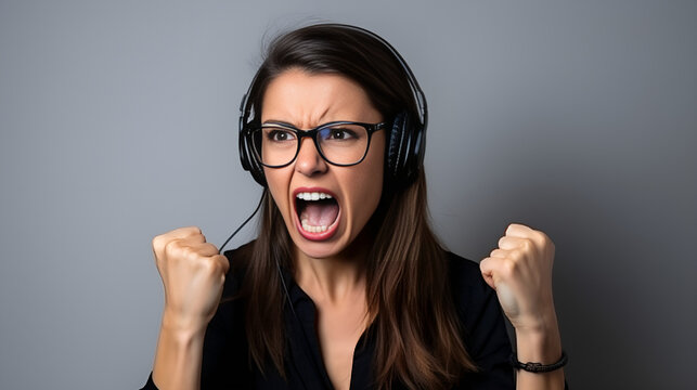 Frustrated and Angry Young Woman in Glasses Shouting With Headphones