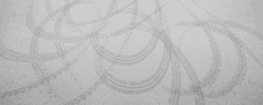 Top view loop-shaped round tire tracks on a gray road. Grunge abstract vector background with car drift traces