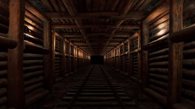 Moving down the tunnel of an underground mine with a railroad track running through the center.