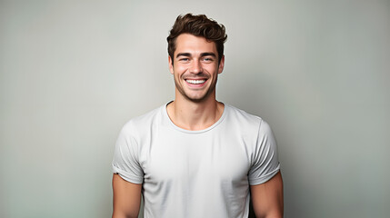 Smiling Man in White Shirt On Grey Background