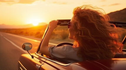 Adventure Girl Capturing Sunset Moment in Retro Convertible Car - obrazy, fototapety, plakaty