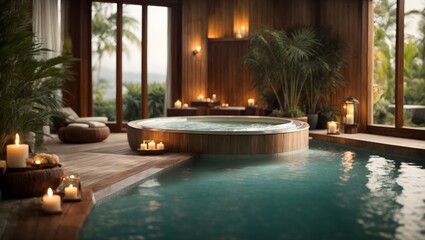 Luxury spa resort and wellness haven. Zen, meditation, relaxing background with jacuzzi. Generative AI.