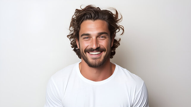 Man in his 30s with long curly hair and a white t - shirt 