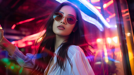 Stylish Asian Woman Capturing Fashion in Neon Lights