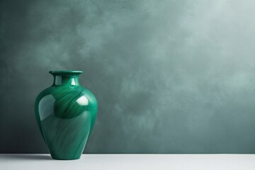 green ceramic vase table against green marble background with copy space