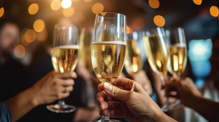 Champagne glasses held by people celebrate