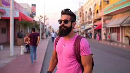 Stylish Indian man with a beard in a pink shirt and sunglasses carrying a backpack