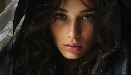 Fototapeta premium Beautiful woman with brown hair, looking at camera, exuding sensuality generated by AI