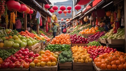 photos of fruits and vegetables of various colors in traditional markets made by AI generative