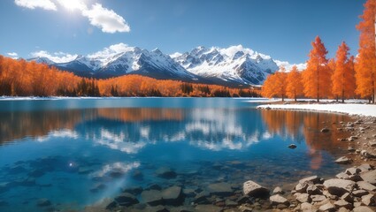 photo of a blue lake view in autumn with a beautiful mountain background made by AI generative

