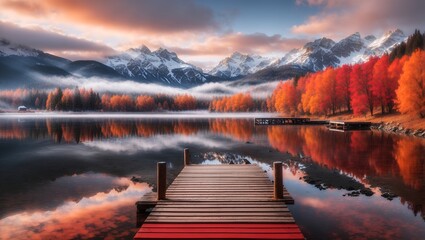 photo of a beautiful view of a wooden pier and lake in the middle of the forest in autumn made by AI generative - obrazy, fototapety, plakaty