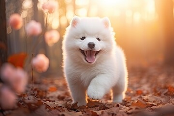 Fototapeta premium portrait of a purebred dog samoyed smile happiness. Generative AI