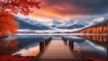 photo of a beautiful view of a wooden pier and lake in the middle of the forest in autumn made by AI generative