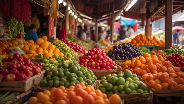 photos of fruits and vegetables of various colors in traditional markets made by AI generative
