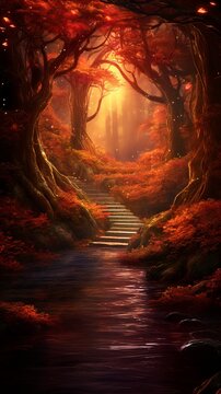 Fantasy path forest scene sunset autumn flowers wallpaper image Ai generated art
