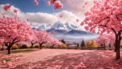 photo of a beautiful garden view of cherry blossom trees with a beautiful snow mountain background made by AI generative