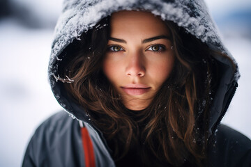 Close-up portrait of a woman in a hoodie looking at camera wearing gray sportswear on a snowy day. Adventure sports concept