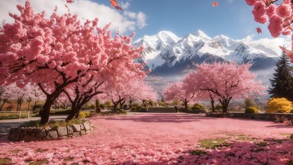 photo of a beautiful garden view of cherry blossom trees with a beautiful snow mountain background made by AI generative