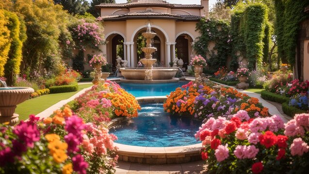 photo of a flower garden with various colors with a beautiful fountain pool, made by AI generative