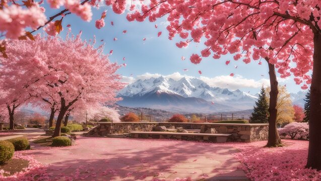 photo of a beautiful garden view of cherry blossom trees with a beautiful snow mountain background made by AI generative