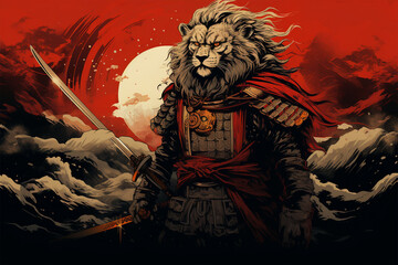 samurai style illustration, a lion warrior