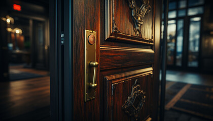 Elegant old fashioned door with shiny gold lock and metal handle generated by AI