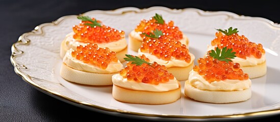 Beige plate horizonta lphoto canape red caviar butter With copyspace for text
