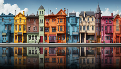 Vibrant cityscape reflects modern architecture, history, and colorful travel destinations generated by AI