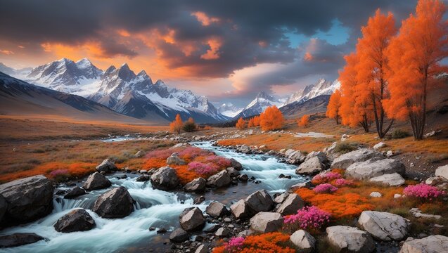 photo of a meadow view in autumn with a river with clear water against a backdrop of mountains made by AI generative