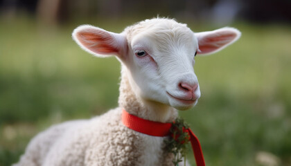Naklejka premium Fluffy merino lamb grazes on green pasture in rural meadow generated by AI