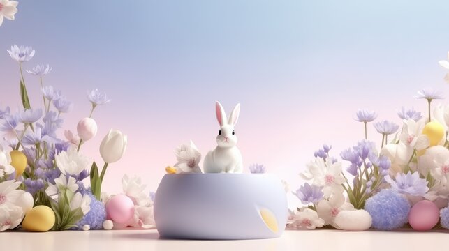  podium with flowers and bunny on pastel background. stage for cosmetic product