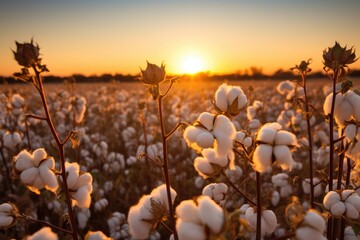 sunset over the cotton field - obrazy, fototapety, plakaty