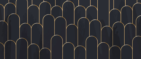 Vector golden geometric shapes wallpaper background in art deco style, hand drawn with watercolor texture. Linear design for interior, textile, texture, poster, packaging, wrappers, gifts. Luxury styl