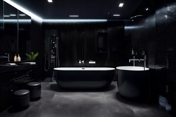 modern bathroom interior with bathtub and mirror - obrazy, fototapety, plakaty