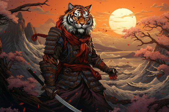 samurai style illustration, a tiger warrior
