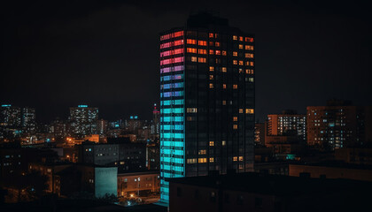 Fototapeta na wymiar Silhouette of futuristic skyscrapers glow in multi colored city skyline generated by AI