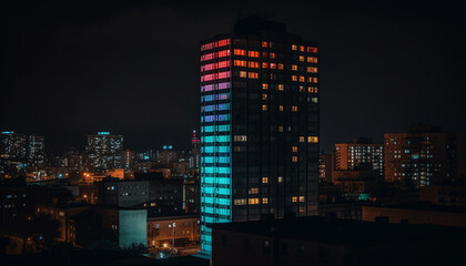 Silhouette of futuristic skyscrapers glow in multi colored city skyline generated by AI