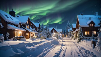 Fototapeta premium photo of a rural village during winter at night with the aurora in the sky made by AI generative