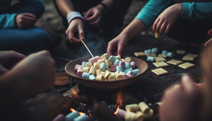 Crafting homemade s'mores brings joy and togetherness outdoors generated by AI