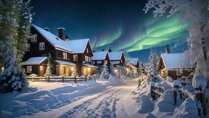 photo of a rural village during winter at night with the aurora in the sky made by AI generative

