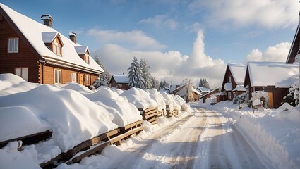 beautiful photo of a rural village during snowfall during the day made by AI generative