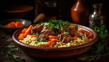 Braised beef risotto with fresh tomato and cilantro garnish generated by AI