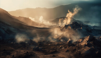 Erupting mountain peak spews smoke, ash, and dangerous flames generated by AI - obrazy, fototapety, plakaty