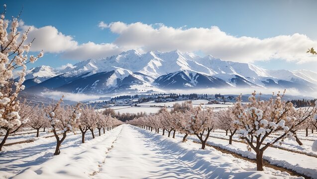 photo of plantation views in winter with beautiful mountain backdrops made by AI generative

