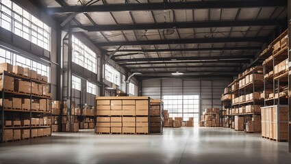 photo of a warehouse view with lots of wooden storage, made by AI generative