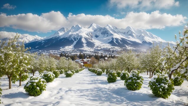 photo of plantation views during winter with beautiful snowy mountains in the background made by AI generative