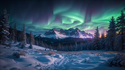 photo of forest views at night during snow and beautiful aurora made by AI generative