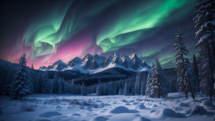 photo of forest views at night during snow and beautiful aurora made by AI generative - obrazy, fototapety, plakaty